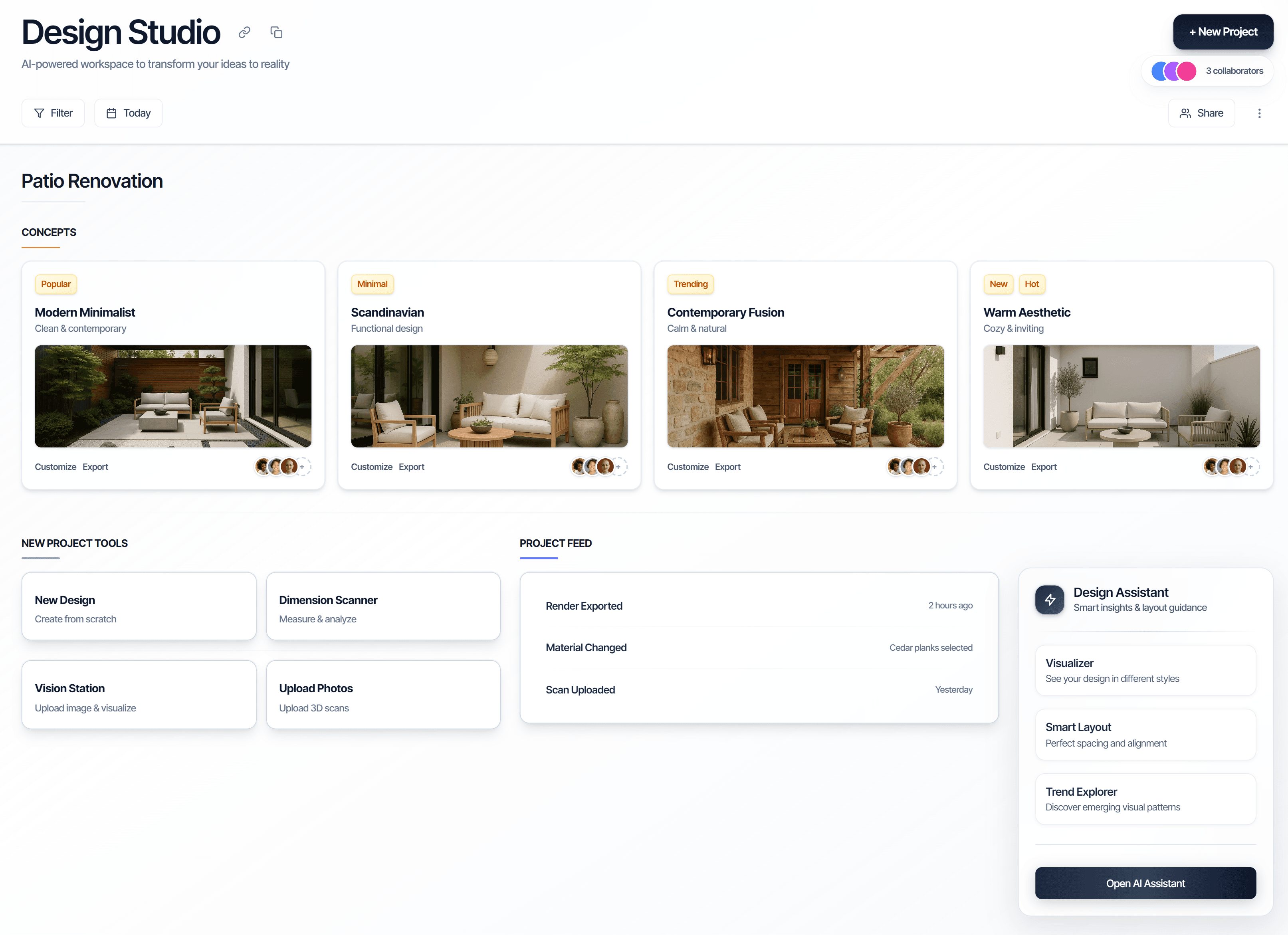 Design dashboard showing 3D room planning interface